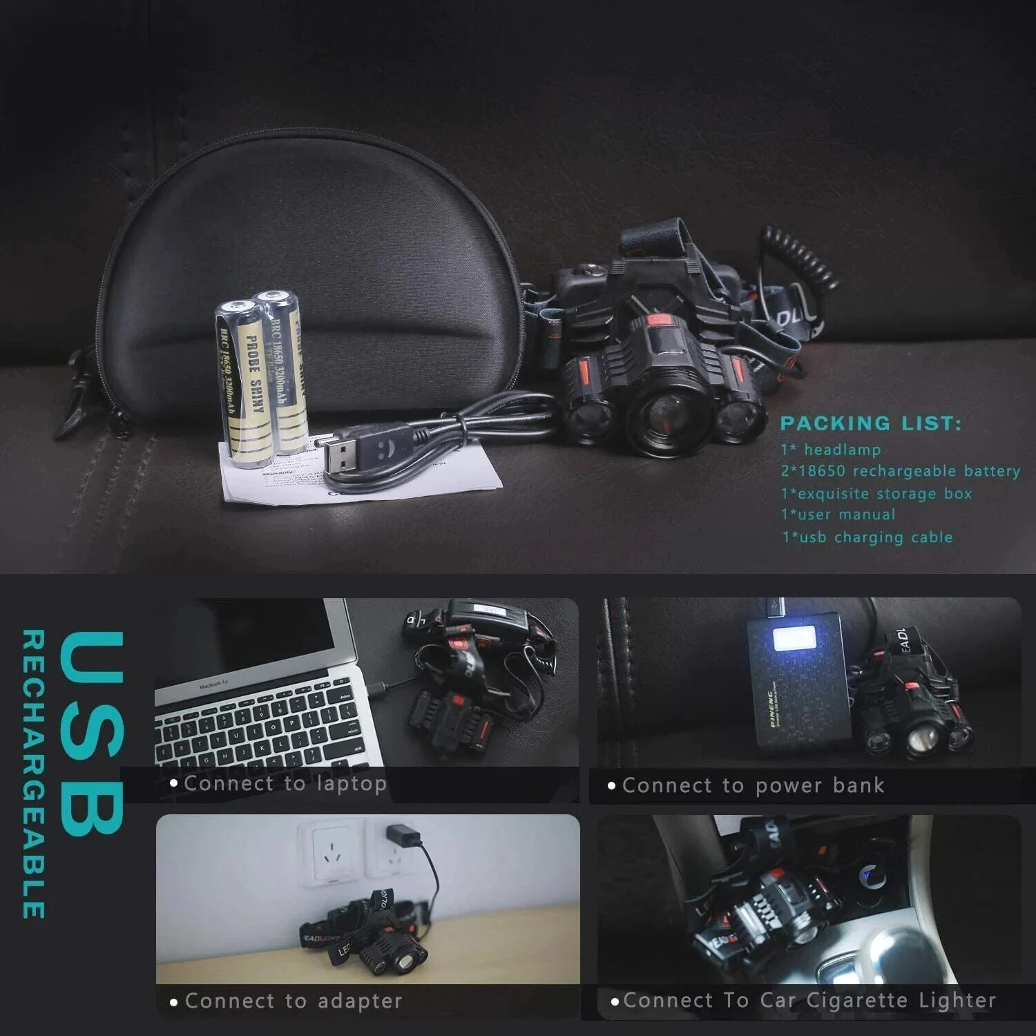 MUCITUP T6 Rechargeable LED Headlamp, Zoom Focus, 4 Modes, USB-C, IP55, Black/Red - Image 5